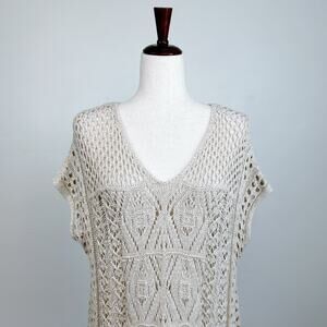 Miracle Crochet Knit Natural Earthy 70s Boho Dolman V-Neck Tunic Cover-Up  M/L